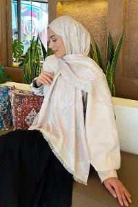 Lamelif Etnik Retro Desen Kaşmir Çift Taraflı Şal Vizon