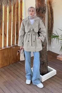 Khaki Long Arm Buttoned Cotton Fabric Trench Coat