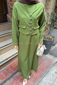Lamelif Düğme Detaylı Jileli Takım Kına Yeşili