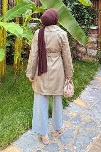 Lamelif Kol Kemerli Kısa Trençkot Haki