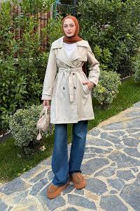 Lamelif Kol Kemerli Kısa Trençkot Taş Rengi