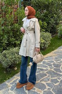 Lamelif Kol Kemerli Kısa Trençkot Taş Rengi