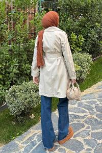 Lamelif Kol Kemerli Kısa Trençkot Taş Rengi