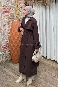 Lamelif Kol Kemerli Trençkot Acı Kahve