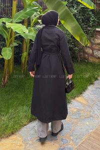 Lamelif Kol Kemerli Trençkot Siyah