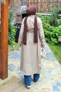 Lamelif Kol Kemerli Trençkot Vizonrengi