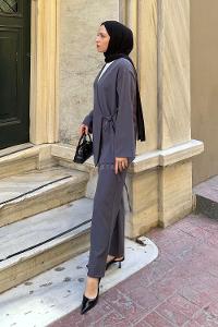 Lamelif Yan Bağlama Detaylı Pantolonlu Takım Antrasit