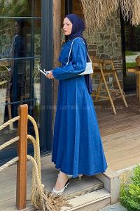 Lamelif Beli Lastikli Kot Elbise Koyu Mavi