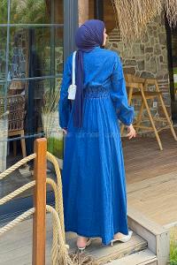 Lamelif Beli Lastikli Kot Elbise Koyu Mavi