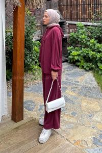 Lamelif Kapüşonlu Roba Detaylı Takım Bordo