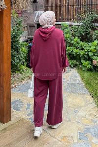 Lamelif Kapüşonlu Roba Detaylı Takım Bordo