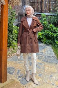 Lamelif Kol Kemerli Kısa Trençkot Kahverengi