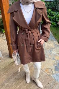 Lamelif Kol Kemerli Kısa Trençkot Kahverengi