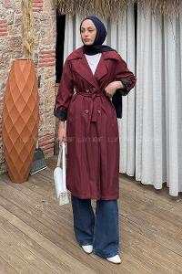 Lamelif Kolu Katlamalı Trenç Bordo