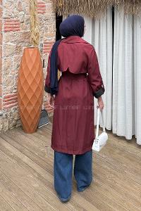 Lamelif Kolu Katlamalı Trenç Bordo