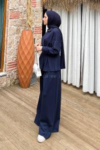 Lamelif Kup Detaylı Pantolonlu İkili Takım Lacivert
