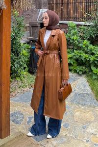 Lamelif Kuşaklı Deri Trençkot Camel