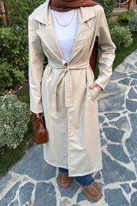 Lamelif Kuşaklı Deri Trençkot Taş Rengi