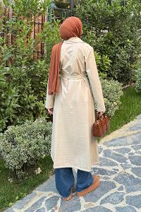 Lamelif Kuşaklı Deri Trençkot Taş Rengi