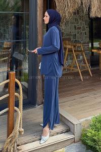 Lamelif Yan Yırtmaç Detaylı Takım Lacivert