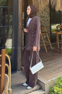 Lamelif Zımba Detaylı Pantolon-Ceket Takım Kahverengi