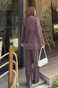Lamelif Zımba Detaylı Pantolon-Ceket Takım Kahverengi