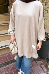 Lamelif Armalı Bisiklet Yaka Sweat Bej