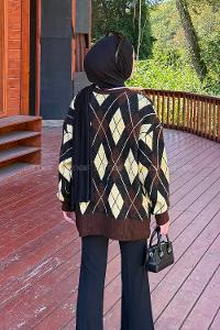 Lamelif Baklava Desen Jakarlı Hırka Kahverengi