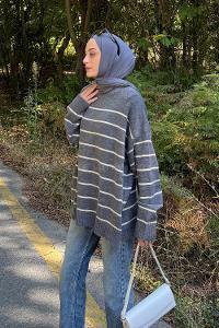 Lamelif Çizgili Triko Kazak Antrasit