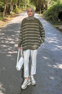 Lamelif Çizgili Triko Kazak Haki