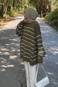 Lamelif Çizgili Triko Kazak Haki