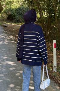 Lamelif Çizgili Triko Kazak Lacivert