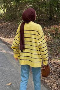 Lamelif Çizgili Triko Kazak Sarı