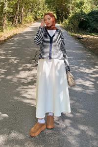 Lamelif İnce Çizgili Triko Hırka Lacivert