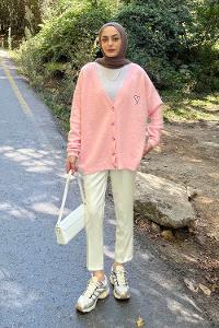 Pink V Neck Long Arm Wool Elastan Polyester Cardigan