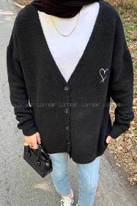 Lamelif Kalp Nakış Detaylı Oversize Hırka Siyah