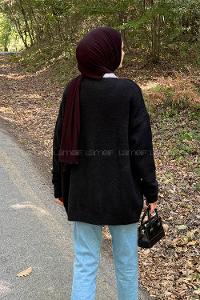 Lamelif Kalp Nakış Detaylı Oversize Hırka Siyah