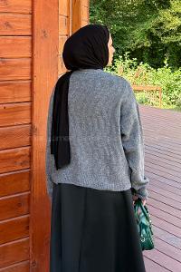 Lamelif Kendinden Desenli Triko Kazak Antrasit