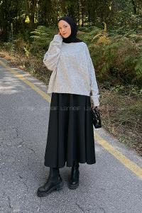 Lamelif Kendinden Desenli Triko Kazak Gri