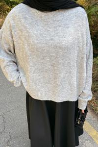 Lamelif Kendinden Desenli Triko Kazak Gri