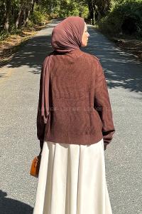 Lamelif Kendinden Desenli Triko Kazak Kahverengi