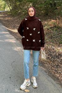 Lamelif Kurdeleli Triko Kazak Acı Kahve