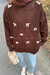 Lamelif Kurdeleli Triko Kazak Acı Kahve