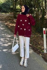 Lamelif Kurdeleli Triko Kazak Bordo