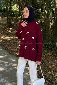 Lamelif Kurdeleli Triko Kazak Bordo