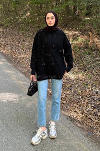 Lamelif Kurdeleli Triko Kazak Siyah