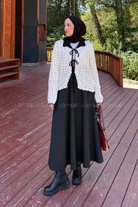 Lamelif Ön Bağcık Detaylı Ajurlu Hırka Bej