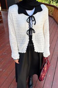 Lamelif Ön Bağcık Detaylı Ajurlu Hırka Bej