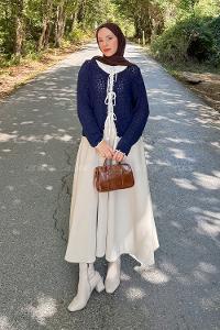 Lamelif Ön Bağcık Detaylı Ajurlu Hırka Lacivert