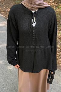 Lamelif Yaka Bağlama Detaylı Kazak Siyah